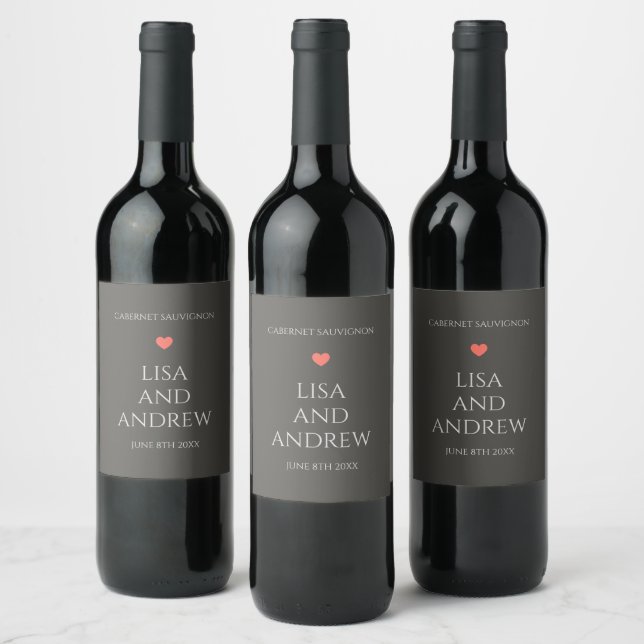 Coral Heart Wedding Wine Label (Bottles)
