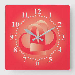 coral hearts hugging square wall clock