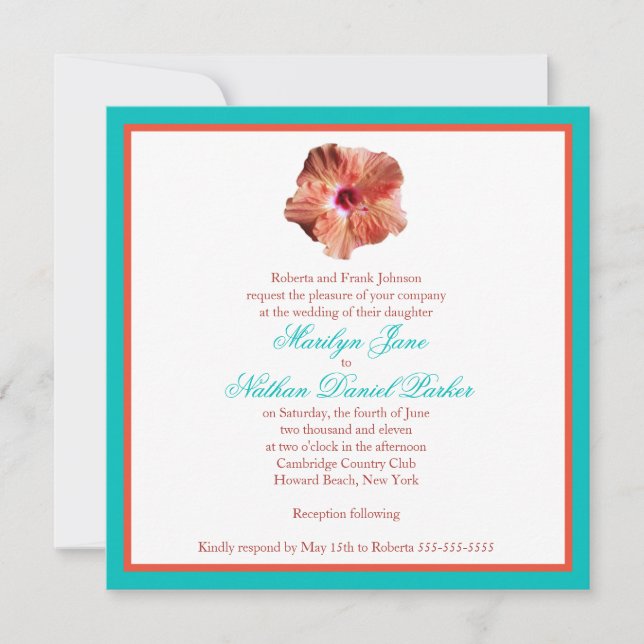 Coral Hibiscus and Aqua Wedding Invitation (Front)
