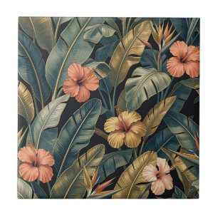Coral Hibiscus Banana Leaf Tropical Pattern Dark  Tile