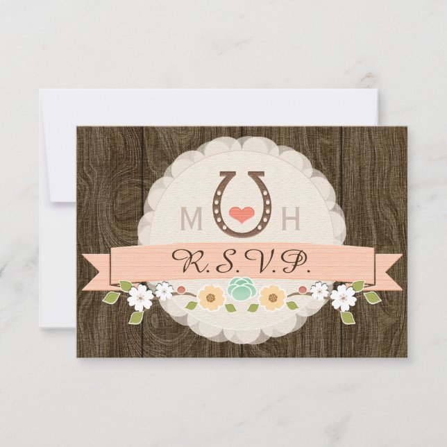 CORAL HORSESHOE WESTERN WEDDING RSVP CARD (Front)