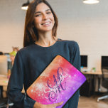 Coral Hot Pink and Purple Celestial Ombre Monogram Laptop Sleeve<br><div class="desc">Create your own starry orange, coral, pink, hot pink, and violet purple sparkly celestial sparkly star photo laptop sleeve. Fancy royal purple calligraphy monogram paired with a modern white script for her first name. Customize the font colour, style, or size. This girly gift was created with a nebula image of...</div>