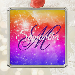 Coral Hot Pink and Purple Celestial Ombre Monogram Metal Ornament