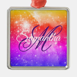 Coral Hot Pink and Purple Celestial Ombre Monogram Metal Ornament