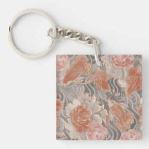 Coral Koi Chinoiserie Floral Pattern Keychain