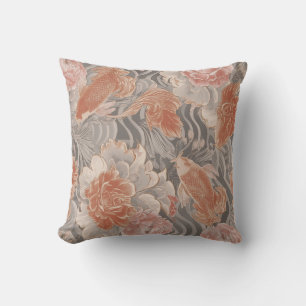 Coral Koi Chinoiserie Floral Pattern Throw Pillow