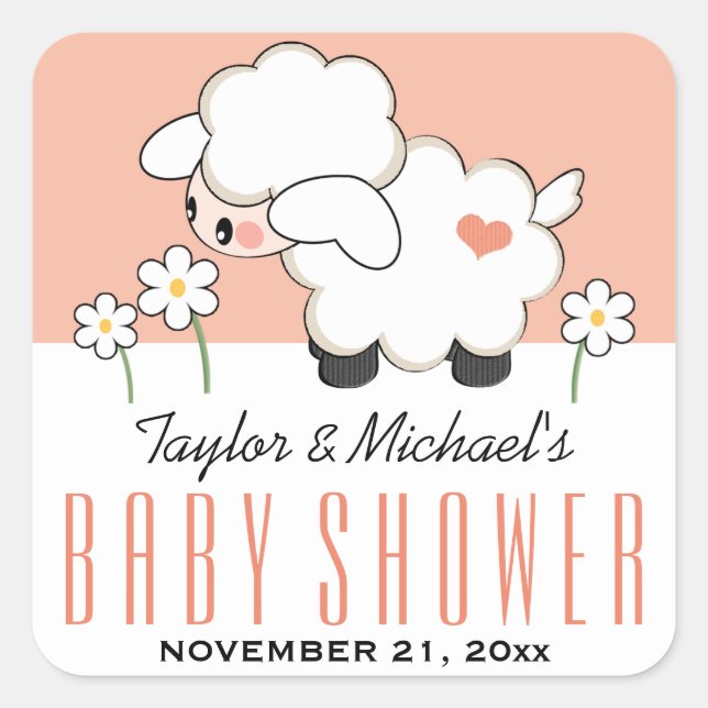 Coral Lamb Baby Shower Square Sticker (Front)