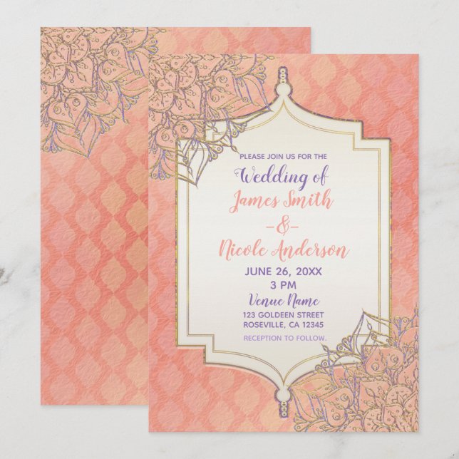Coral Lavender Gold Moroccan Glam Indian Wedding Invitation (Front/Back)