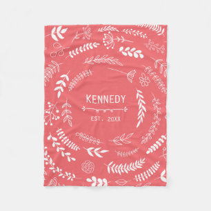Coral Leaves Floral Monogram Pattern Fleece Blanket
