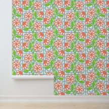 Coral Lime & Aqua Floral on Bamboo Trellis