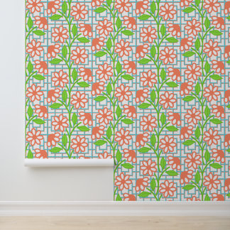 Coral Lime & Aqua Floral on Bamboo Trellis Wallpaper