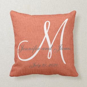 Coral Linen Grey White Monogram Wedding Keepsake Throw Pillow