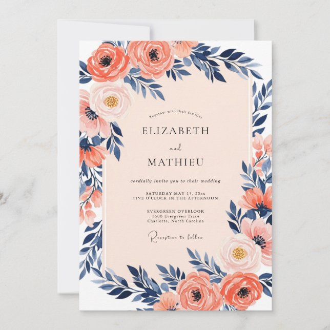 Coral Luminous Indigo Spring Wedding Invitation (Front)