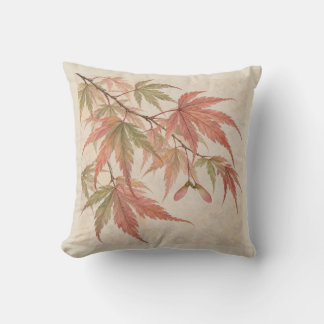 Coral Maple Leaves Cream Botanical Watercolor Throw Pillow