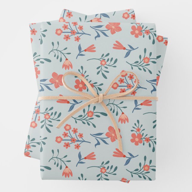 Coral Meadow Floral Pattern Wrapping Paper Sheet (In situ)