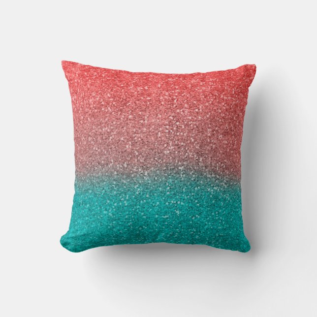Coral Melon Orange Teal Aqua Green Sparkly Glitter Throw Pillow (Front)