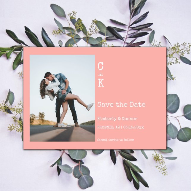 Coral Minimalist Monogram Photo Save The Date (Coral Minimalist Monogram Photo Save the Date)
