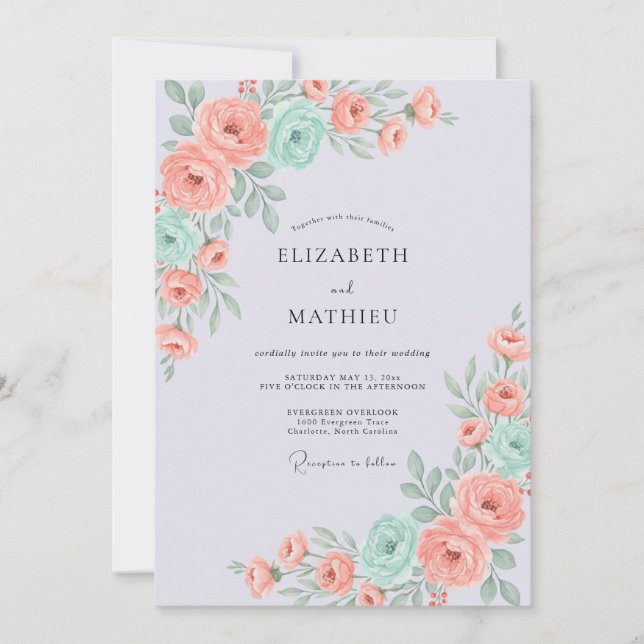 Coral Mint Antique Rose Wedding Invitation (Front)