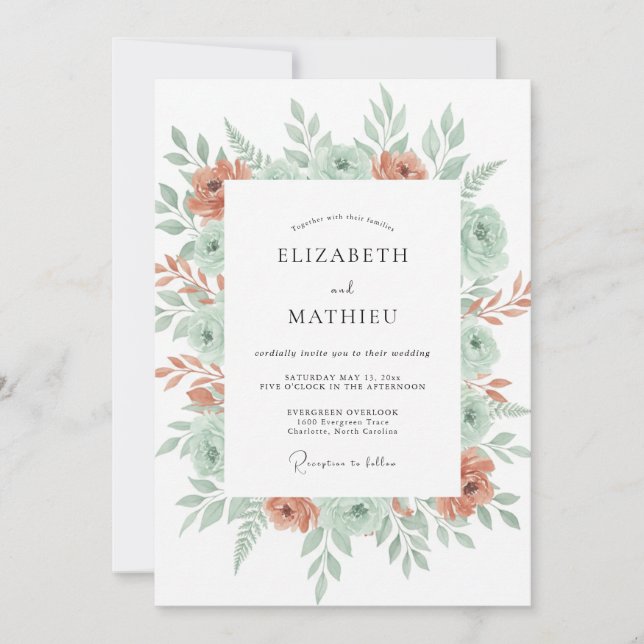 Coral Mint Blossom Wedding Invitation (Front)