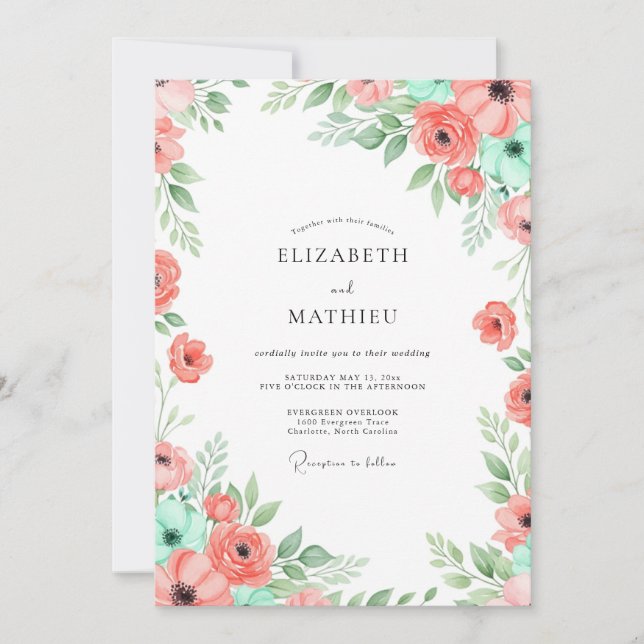 Coral Mint Botanical Bliss Wedding Invitation (Front)