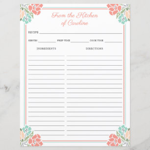 Coral & Mint Floral Cookbook Binder Recipe Sheets