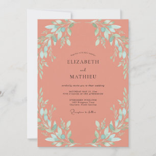 Coral Mint Leafy Wedding Invitation