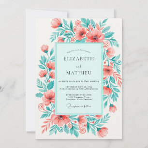 Coral Mint Lively Floral Wedding Invitation