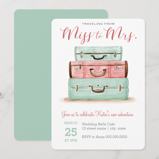 Coral Mint Miss à Mme Travel Shower Invitation (Devant / Derrière)