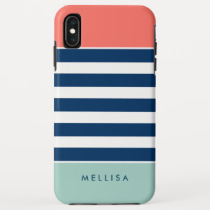 Coral Mint Navy White Stripes - Trendy Stylish iPhone XS Max Case