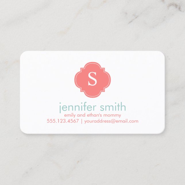 Coral Mint Quatrefoil Monogram Stripes Pattern Calling Card (Front)