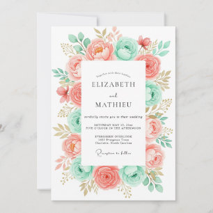 Coral Mint Romantic Botanical Wedding Invitation