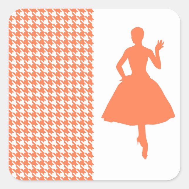 Coral Modern Houndstooth w/ Fashion Silhouette Square Sticker (Front)