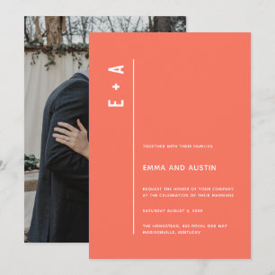 Coral Modern Minimalist Initials Photo Wedding Invitation