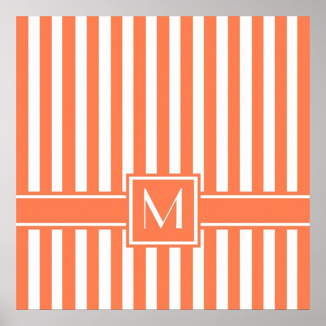 Coral Modern Stripe with Monogram Poster (Front)