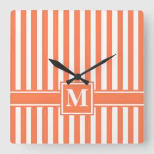 Coral Modern Stripe with Monogram Square Wall Clock