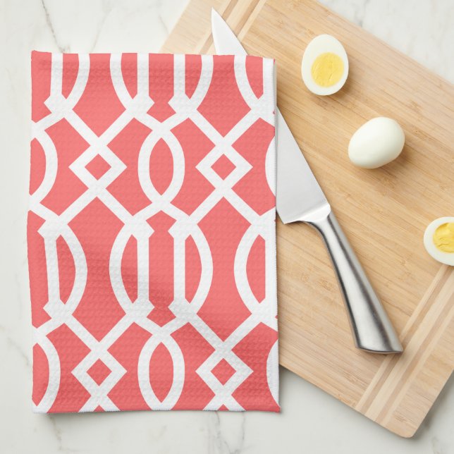 Coral Modern Trellis Pattern Kitchen Towel (Quarter Fold)