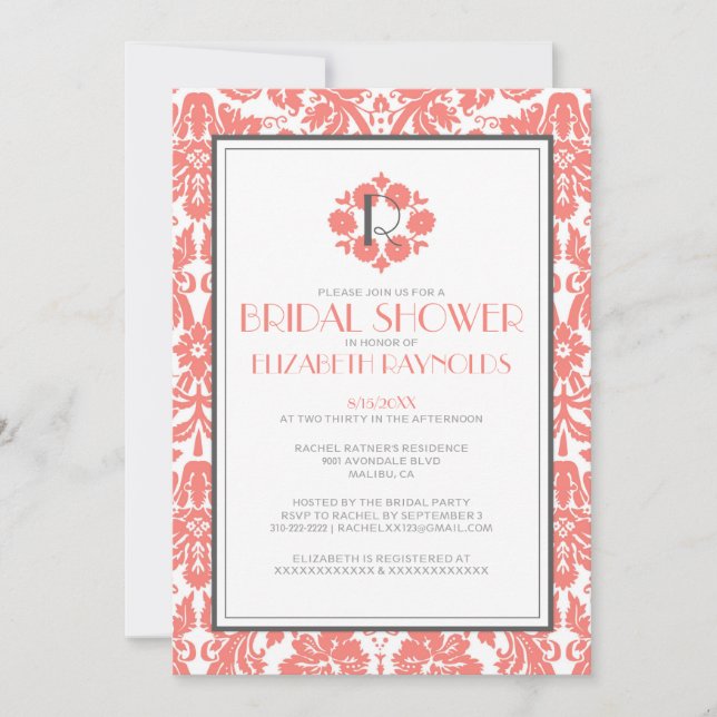 Coral Monogram Damask Bridal Shower Invitations (Front)