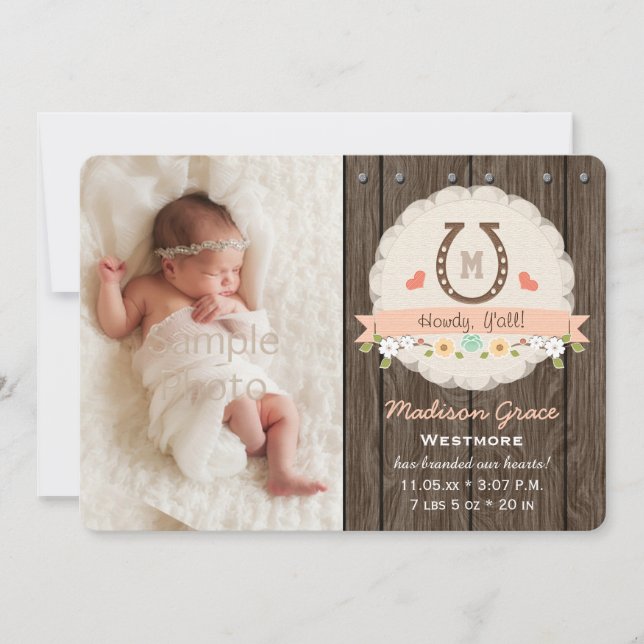 Coral Monogram Horseshoe Western Baby Announcement (Front)