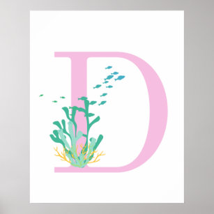 Coral Monogram Pink Teal Letter D Fishes  Poster