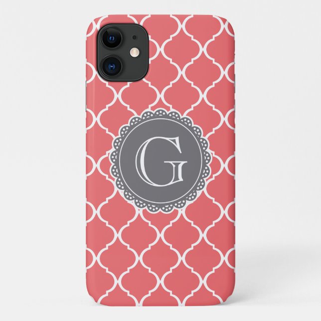 Coral Moroccan Lattice Pattern Grey Monogram Case-Mate iPhone Case (Back)