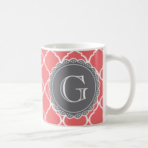 Coral Moroccan Lattice Pattern Grey Monogram Coffee Mug