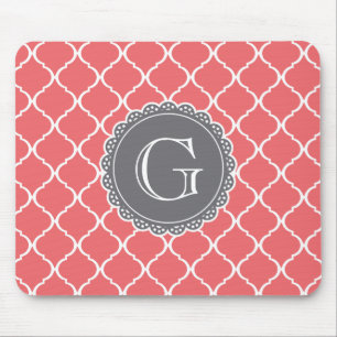 Coral Moroccan Lattice Pattern Grey Monogram Mouse Pad