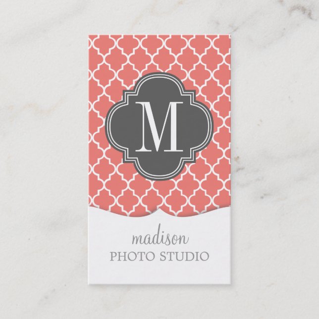 Coral Moroccan Tiles Lattice Personalized Business Card (Front)