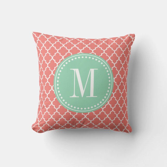 Coral Moroccan Tiles Lattice Personalized Throw Pillow (Front)