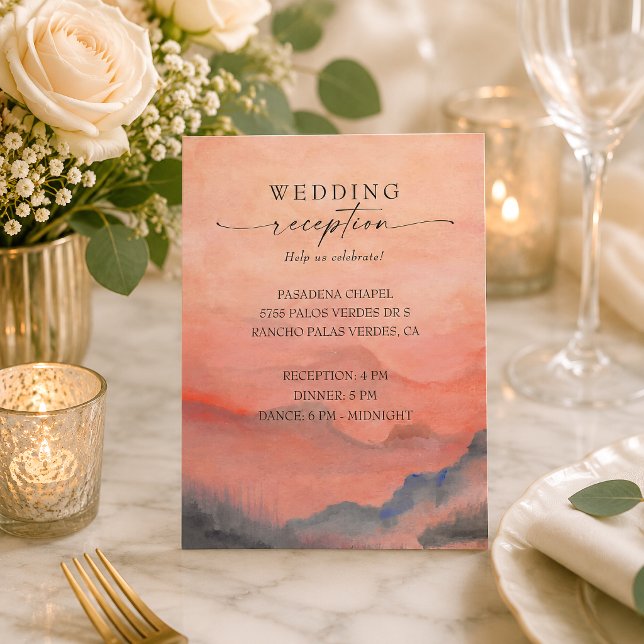 Coral Mountain Sunset Rustic Wedding Reception  Enclosure Card (Invite your guests to celebrate your love with this gorgeous coral mountain sunset rustic reception.)