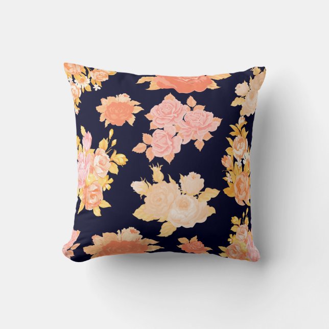 Coral & Mustard Roses on Navy Cotton Pillow (Front)
