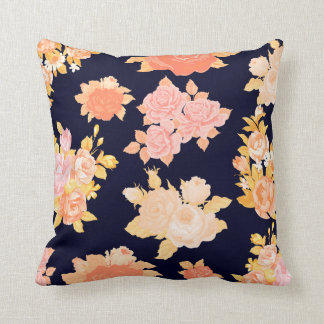 Coral & Mustard Roses on Navy Cotton Pillow