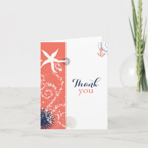 Coral n Navy Blue Nautical Wedding Thank You Card