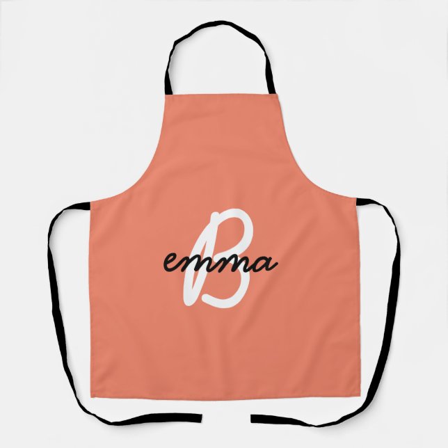 Coral Name | Initial Modern Trendy Stylish Orange Apron (Front)