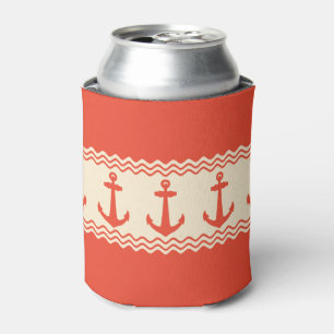 Coral Nautical Anchor Coastal Stripes Can Cooler